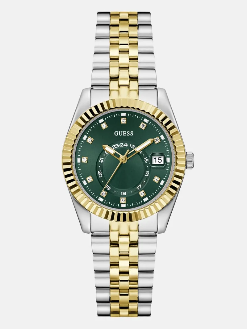 Montre Guess GW0936L3 Jada Femme – vue de face Montre Guess GW0936L3 Jada femme vue de face, cadran vert à strass, lunette cannelée dorée et bracelet bicolore
