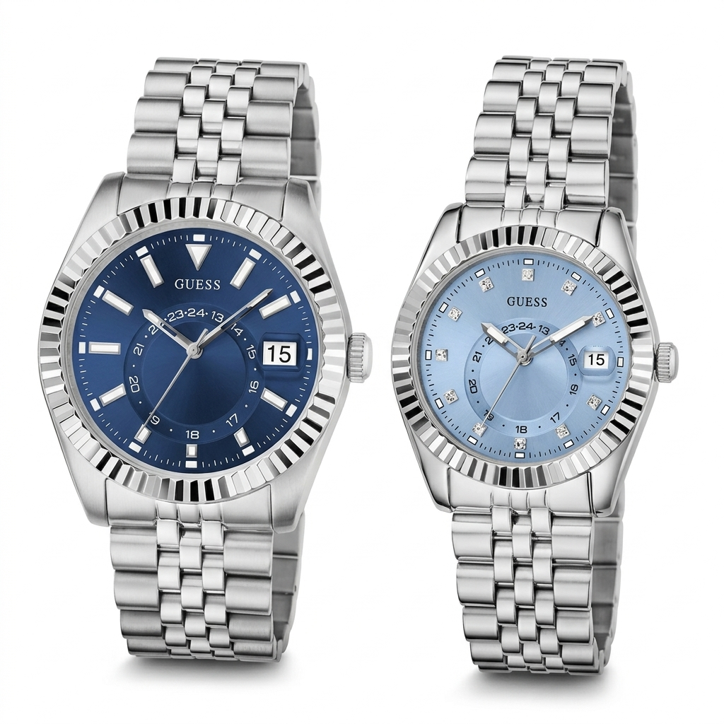 Duo couple Guess GW0977G1 et GW0936L1 – vue de face Montre Guess GW0977G1 homme à cadran bleu et montre Guess GW0936L1 femme à cadran bleu glacier, vues de face