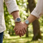 Couple se tenant la main dans un parc, avec la montre Guess GW0977G1 à cadran bleu et la Guess GW0936L1 bleu glacier
