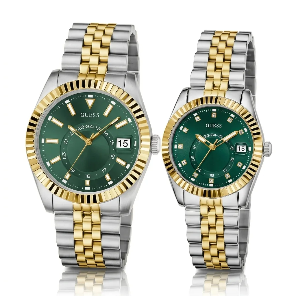 Pack Duo Guess GW0977G4 et GW0936L3 – Duo homme et femme – vue de face Montres Guess GW0977G4 homme et GW0936L3 femme côte à côte, cadrans verts, lunettes cannelées dorées