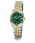 Montre Guess GW0936L3 femme du duo vue de trois-quarts, cadran vert à strass et bracelet argenté et doré