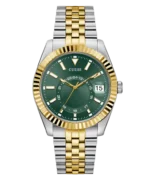 Montre Guess GW0977G4 Jaden homme vue de face, cadran vert avec date, lunette cannelée dorée et bracelet bicolore