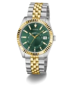 Montre Guess GW0977G4 Jaden homme vue de trois-quarts, index bâtons dorés, triangle à midi et guichet date