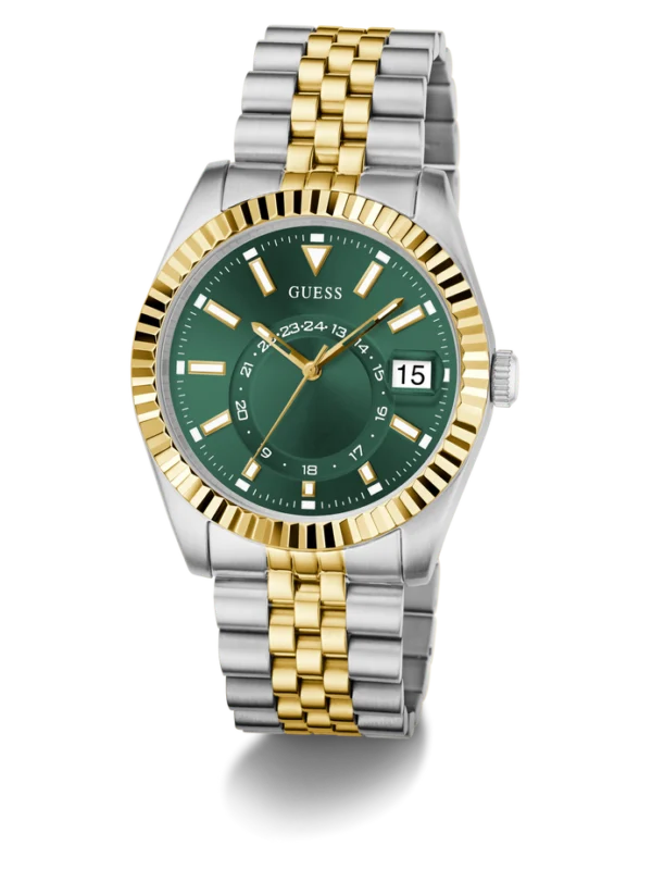 Montre Guess GW0977G4 Jaden homme vue de trois-quarts, index bâtons dorés, triangle à midi et guichet date
