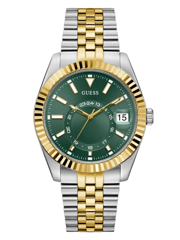 Montre Guess GW0977G4 Jaden homme vue de face, cadran vert avec date, lunette cannelée dorée et bracelet bicolore