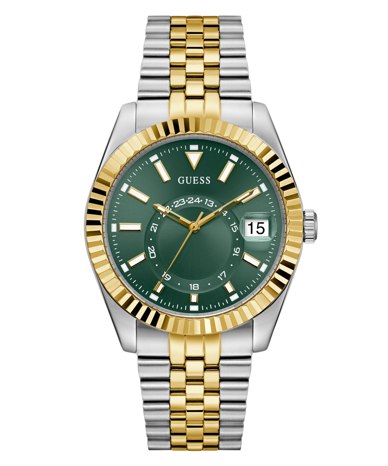 Montre Guess GW0977G4 Jaden Homme – vue de face Montre Guess GW0977G4 Jaden homme vue de face, cadran vert avec date, lunette cannelée dorée et bracelet bicolore