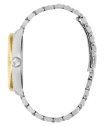 Montre Guess GW0977G4 Jaden homme vue de profil, couronne argentée, lunette dorée et boîtier en acier brossé