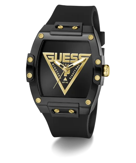 Montre Guess GW1072G2 Phoenix homme photographiée en angle, cadran noir avec logo Guess doré et couronne dorée