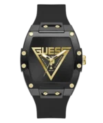 Montre Guess GW1072G2 Phoenix homme, cadran noir et boîtier acier noir vus de face, bracelet silicone noir