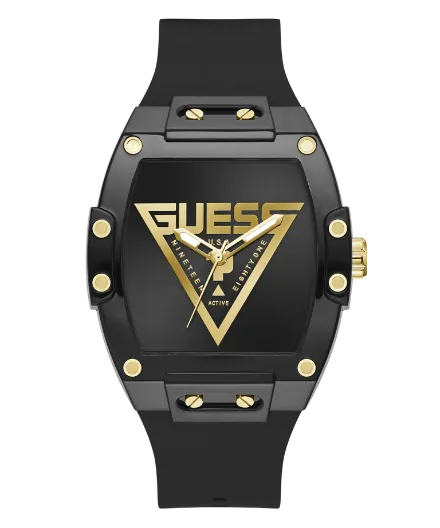 Montre Guess GW1072G2 Phoenix homme, cadran noir et boîtier acier noir vus de face, bracelet silicone noir