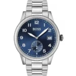 Montre Hugo Boss 1513707 Legacy homme vue de face : cadran bleu, chiffres arabes, date et bracelet en acier