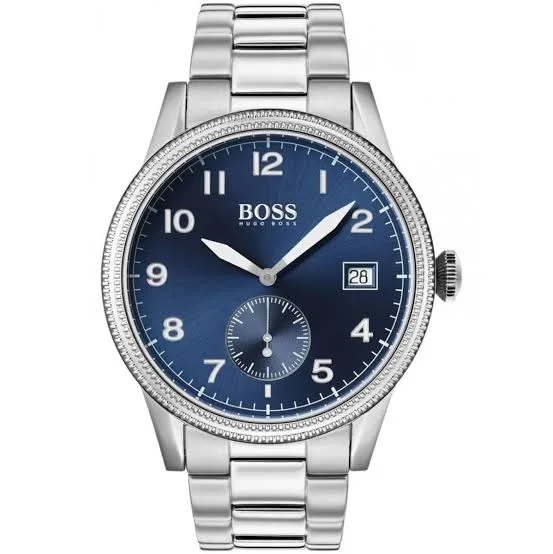 Montre Hugo Boss 1513707 Legacy homme vue de face : cadran bleu, chiffres arabes, date et bracelet en acier