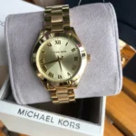 Michael Kors MK3456 sur le coussin gris de son écrin blanc Michael Kors, gros plan sur le cadran à chiffres romains
