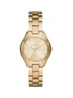 Montre Michael Kors MK3456 Slim Runway vue de face, boîtier doré, cadran doré à chiffres romains et bracelet acier