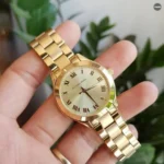 Michael Kors MK3456 tenue en main devant des plantes vertes, cadran doré soleillé avec chiffres romains