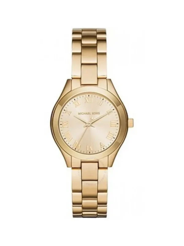 Montre Michael Kors MK3456 Slim Runway vue de face, boîtier doré, cadran doré à chiffres romains et bracelet acier