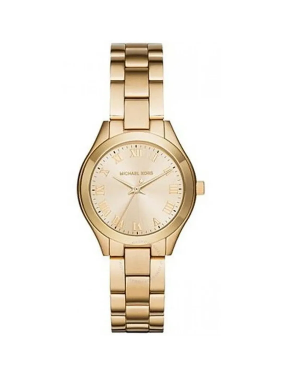 Michael Kors MK3456 Slim Runway femme – vue de face Montre Michael Kors MK3456 Slim Runway vue de face, boîtier doré, cadran doré à chiffres romains et bracelet acier