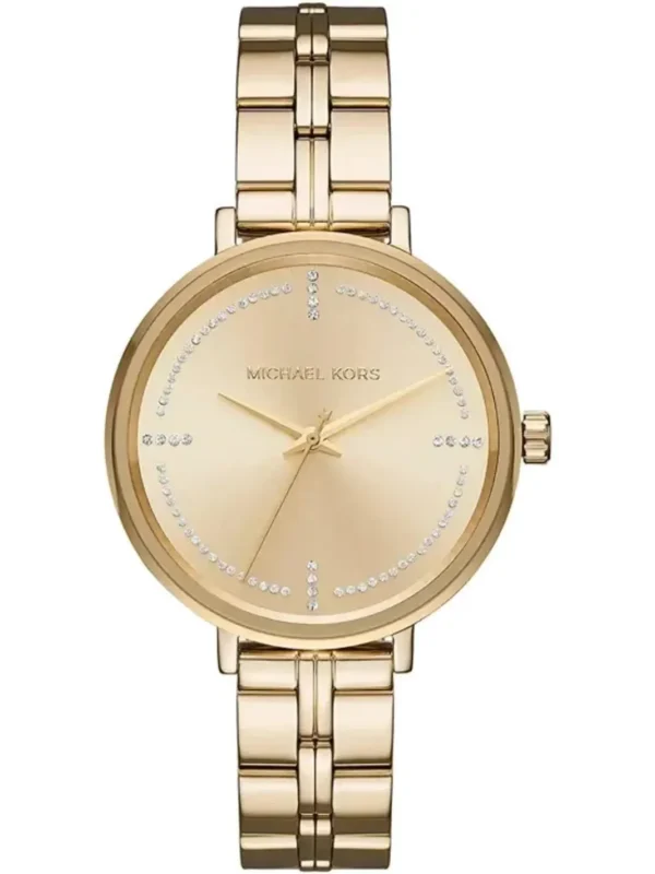Montre Michael Kors MK3792 vue de face, cadran doré orné de zircones blanches