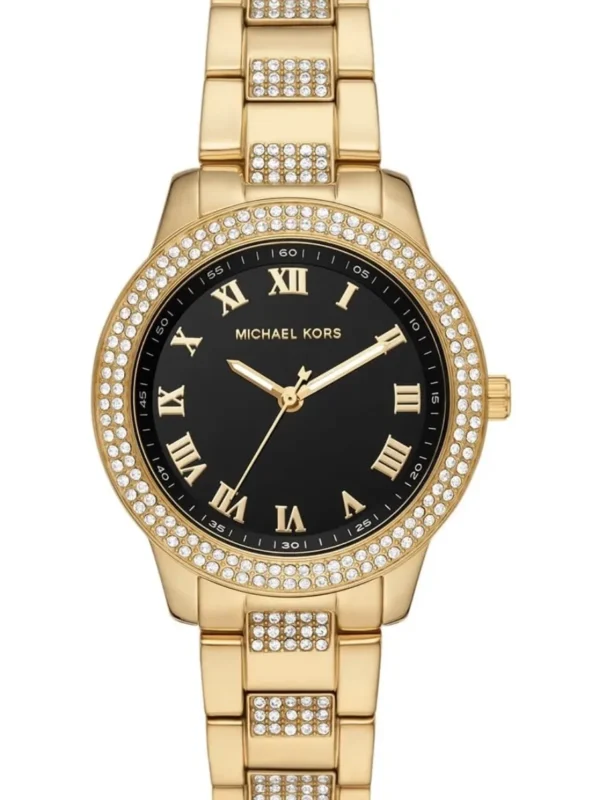 Montre Michael Kors MK4684 Tibby vue de face, cadran noir à chiffres romains et lunette sertie de cristaux