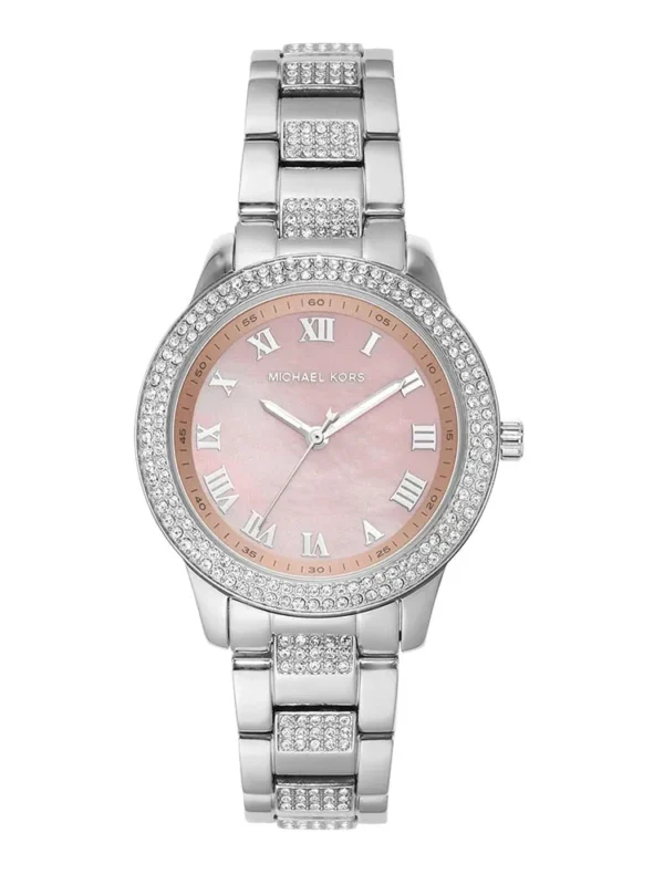 Montre Michael Kors MK4686 Tibby vue de face, cadran rose nacré à chiffres romains et lunette sertie de cristaux