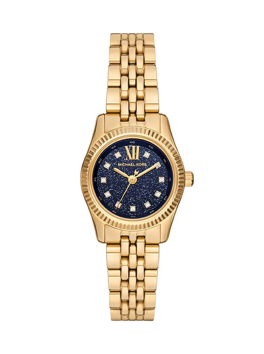 Montre Michael Kors MK4802 Lexington vue de face, boîtier doré, lunette cannelée et cadran bleu nuit pailleté