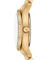 Michael Kors MK4802 vue de profil, lunette cannelée dorée et couronne gravée du monogramme MK