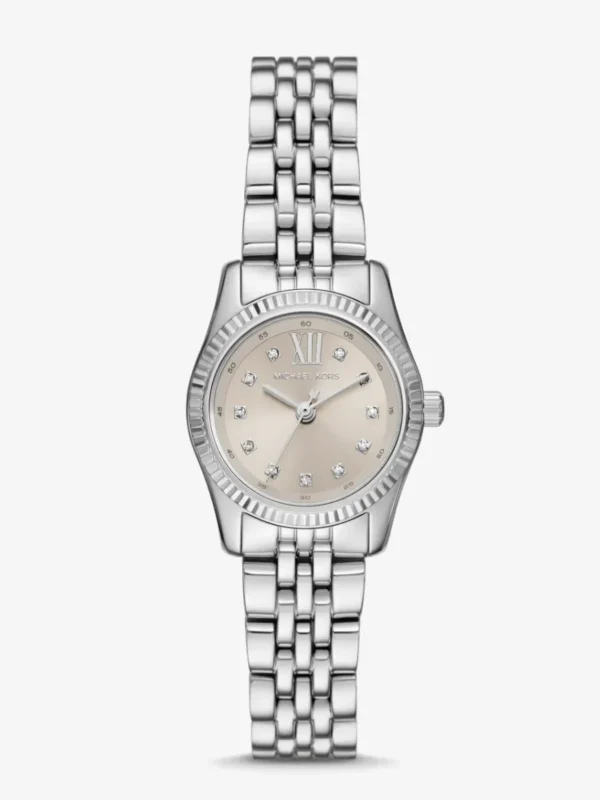 Montre Michael Kors MK4843 Petite Lexington vue de face, boîtier argenté, lunette cannelée et cadran crème