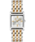 Montre Michael Kors MK4935 Petite Georgie vue de face, boîtier carré argenté et bracelet bicolore argent et or