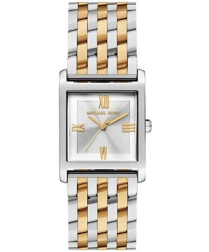 Montre Michael Kors MK4935 Petite Georgie vue de face, boîtier carré argenté et bracelet bicolore argent et or