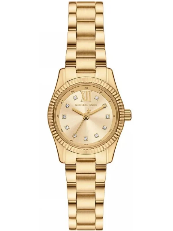 Montre Michael Kors MK4951 Lexington femme vue de face, cadran doré à index en cristaux et lunette cannelée dorée