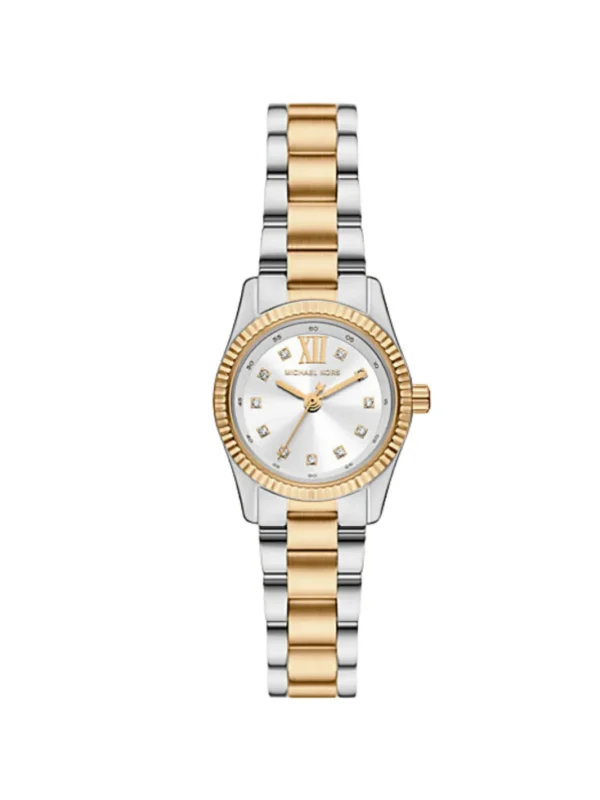 Montre Michael Kors MK4953 Mini Lexington vue de face, lunette cannelée dorée et bracelet bicolore argent et or