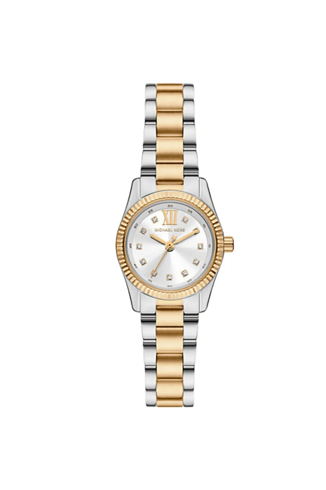 Michael Kors MK4953 Mini Lexington femme – vue de face Montre Michael Kors MK4953 Mini Lexington vue de face, lunette cannelée dorée et bracelet bicolore argent et or