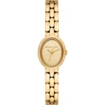 Montre Michael Kors MK4955 Maude vue de face, boîtier ovale doré, cadran doré sans index et bracelet à maillons