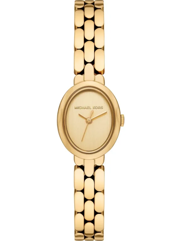 Montre Michael Kors MK4955 Maude vue de face, boîtier ovale doré, cadran doré sans index et bracelet à maillons