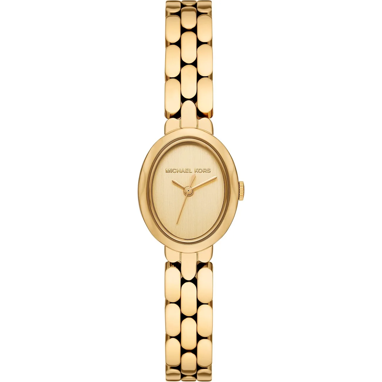 Michael Kors MK4955 Maude femme – vue de face Montre Michael Kors MK4955 Maude vue de face, boîtier ovale doré, cadran doré sans index et bracelet à maillons