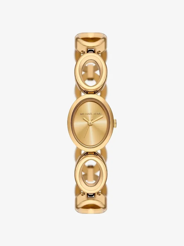 Montre Michael Kors MK4957 Mini Maude vue de face, boîtier ovale doré et bracelet à maillons ovales ajourés