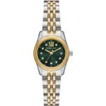 Montre Michael Kors MK4986 Lexington vue de face avec son étiquette, cadran vert à cristaux et lunette dorée au maroc