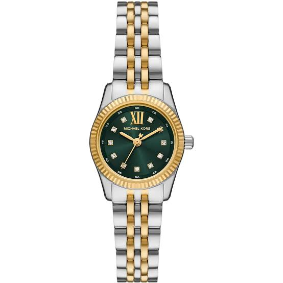 Montre Michael Kors MK4986 Lexington vue de face avec son étiquette, cadran vert à cristaux et lunette dorée au maroc