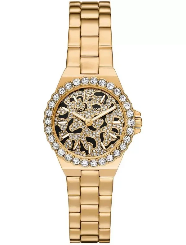 Montre Michael Kors MK7394 Lennox femme vue de face, cadran léopard noir et doré et lunette sertie de cristaux