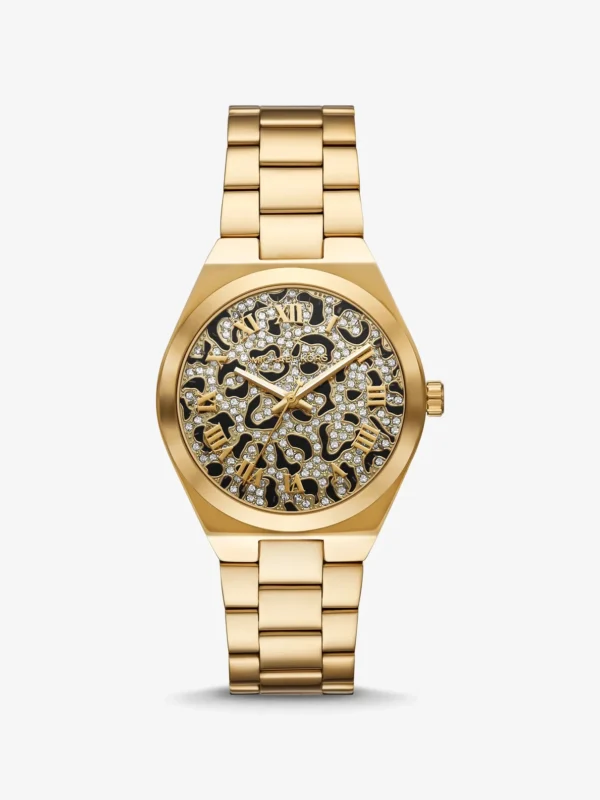 Montre Michael Kors MK7500 Lennox de face, cadran animalier noir et doré pavé de cristaux et bracelet acier doré