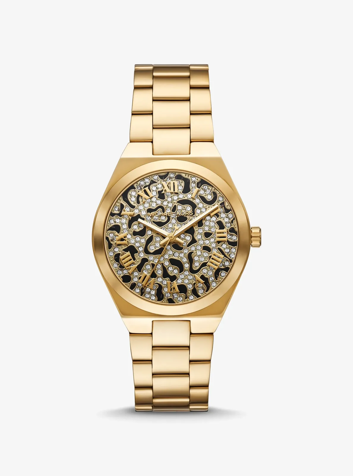 Michael Kors MK7500 Lennox femme – vue de dos Montre Michael Kors MK7500 Lennox de face, cadran animalier noir et doré pavé de cristaux et bracelet acier doré