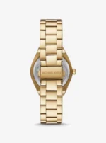 Dos de la montre Michael Kors MK7500 avec bracelet à maillons dorés et fermoir gravé MICHAEL KORS
