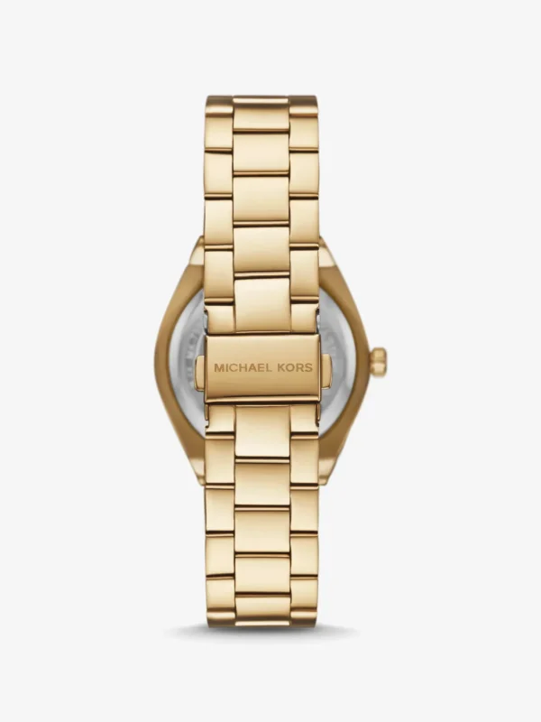 Dos de la montre Michael Kors MK7500 avec bracelet à maillons dorés et fermoir gravé MICHAEL KORS