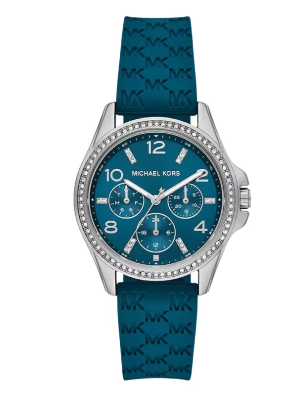 Montre Michael Kors MKO1004 vue de face sur fond blanc, cadran bleu chronographe et bracelet en silicone bleu à logo MK.