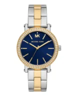 Montre Michael Kors MKO1049 femme vue de face, cadran bleu, lunette dorée sertie et bracelet acier bicolore