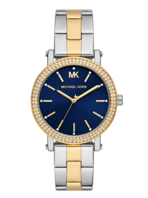 Montre Michael Kors MKO1049 femme vue de face, cadran bleu, lunette dorée sertie et bracelet acier bicolore