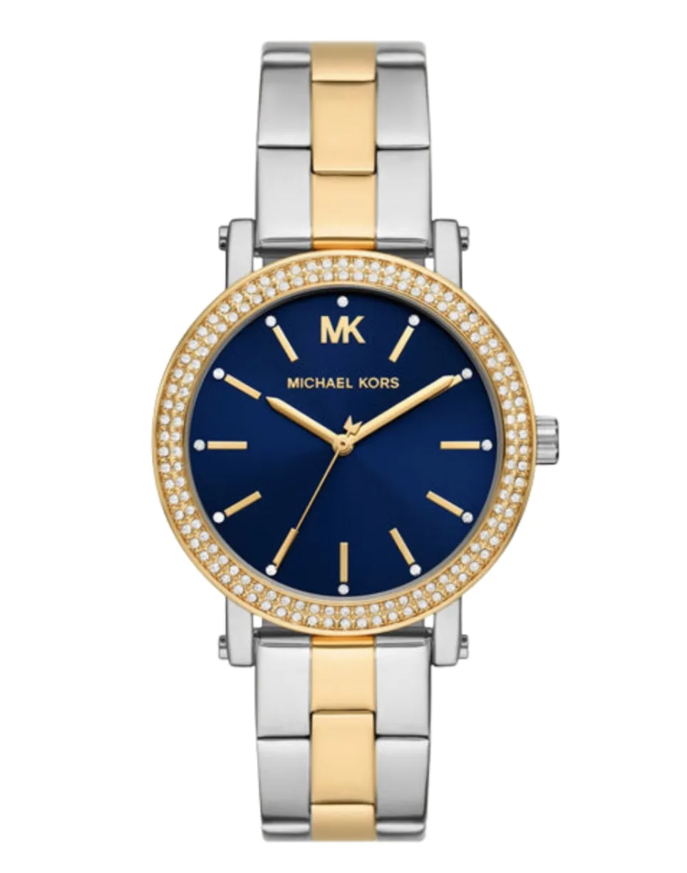 Montre Michael Kors MKO1049 Femme – vue de face Montre Michael Kors MKO1049 femme vue de face, cadran bleu, lunette dorée sertie et bracelet acier bicolore