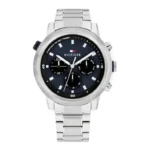 Montre Tommy Hilfiger 1792104 Troy homme de face, cadran bleu à trois compteurs et bracelet en acier argenté