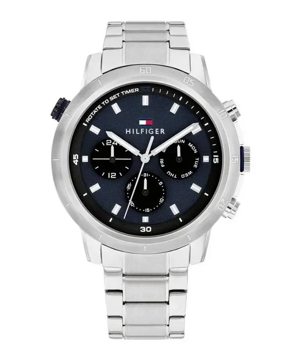 Montre Tommy Hilfiger 1792104 Troy homme de face, cadran bleu à trois compteurs et bracelet en acier argenté