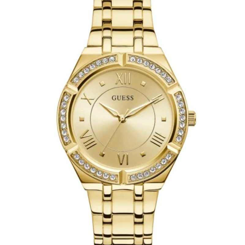 Product: GW0033L2 Dial Finish: Sunray Case Material: Stainless Steel Band Color: Gold Tone Buckle/Clasp: Pilot Buckle Case Color: Gold Tone Case Size: 36mm Dial Color: Champagne Watch Movement: Analog